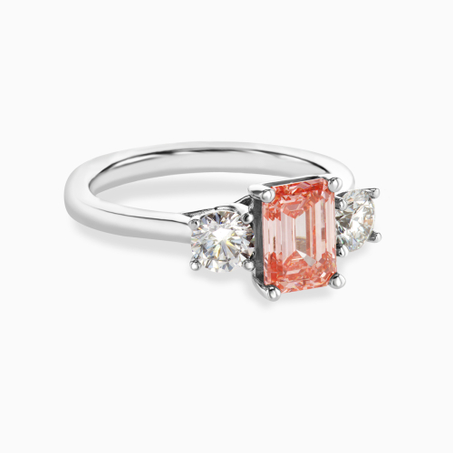 Three-Stone Diamond Engagement Ring with Fancy Pink Emerald Lab-created Diamond, 14k White Gold